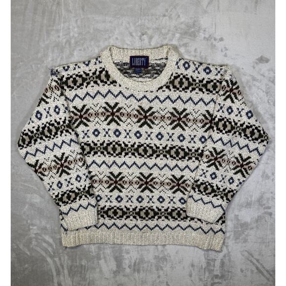 Vintage Liberty Grandpa Sweater Cotton Fair Isle Nordic Fisherman 1990s USA XL - Picture 1 of 11